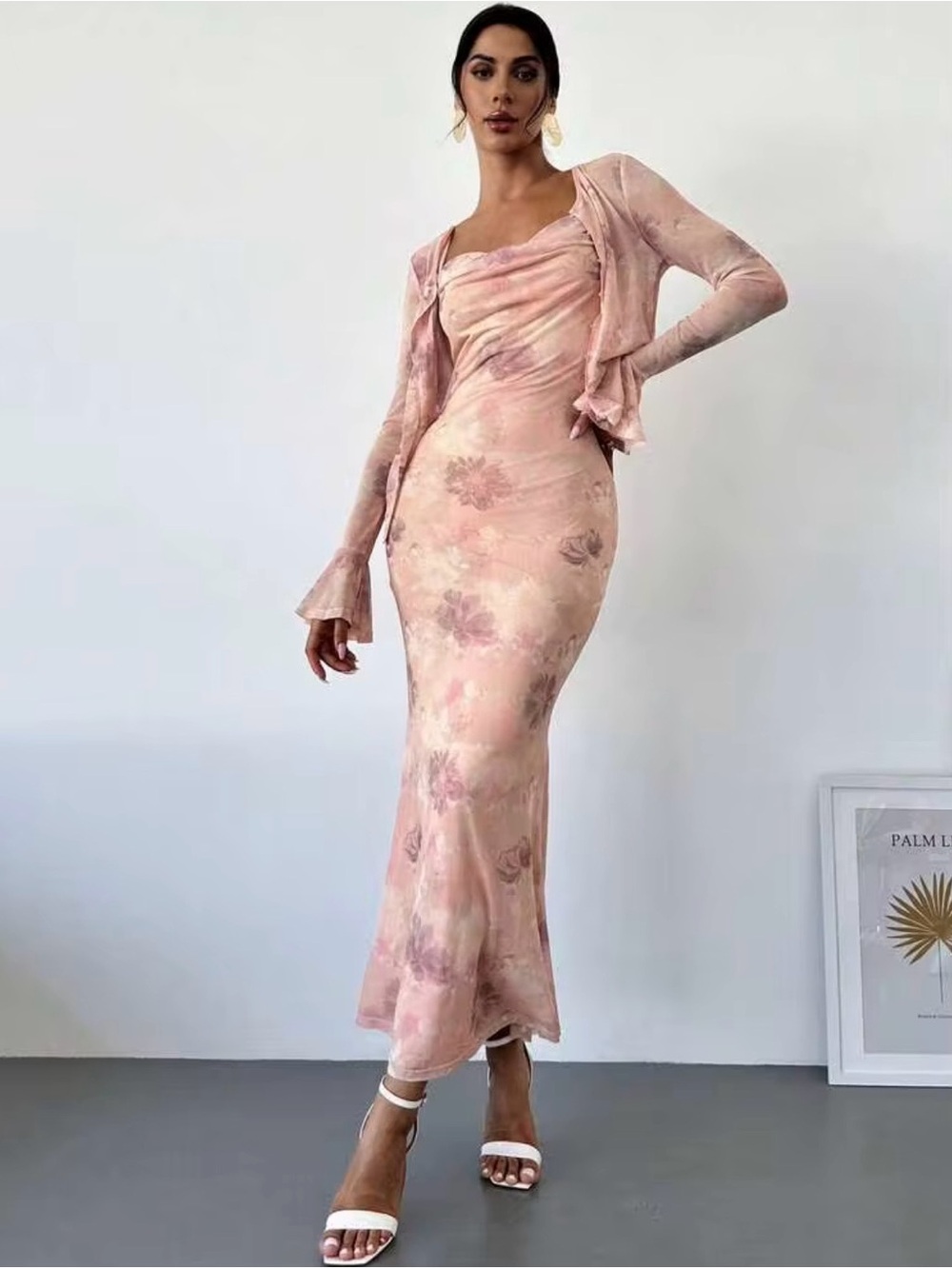 Pleated Camisole Dress & Long Sleeve Mesh Printed Top size L. Vacation